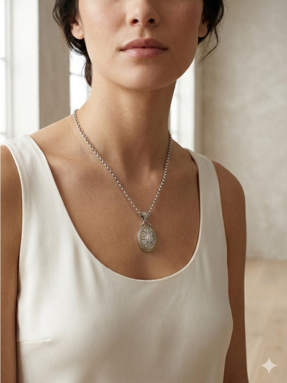 Andrea Candela (Birks) Silver & 18K Gold Filigree Diamond Oval Pendant Necklace